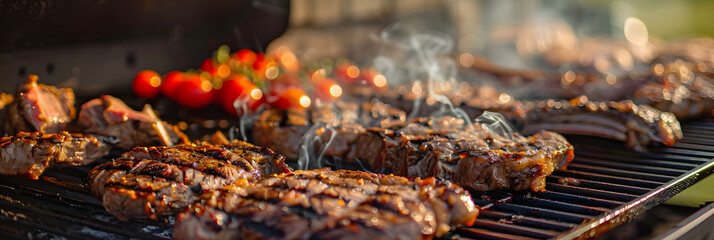 Wall Mural - Barbecue garden grill with beef steaks, close-up.