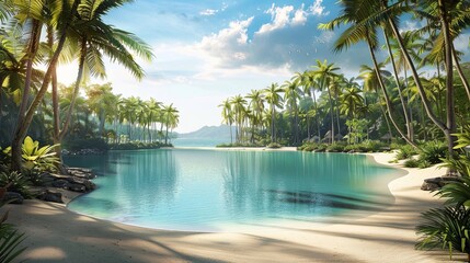 Wall Mural - A tranquil lagoon framed by towering palm trees and golden sands, inviting visitors to unwind and soak in the tropical paradise.
