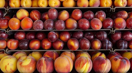 Wall Mural - A variety of stone fruits, including peaches, plums, and nectarines, arranged on shelves at a supermarket, offering a taste of summer's bounty to shoppers.