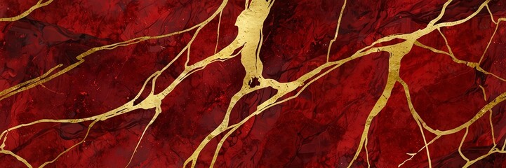 Poster - red luxury marble texture with gold linings background from Generative AI