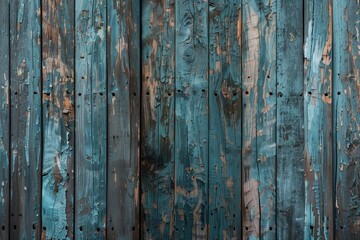 Sticker - A blue wooden wall with peeling paint and holes