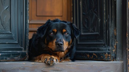 Wall Mural - Loyal dog waiting by the door  AI generated illustration