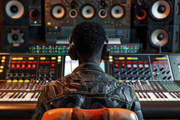 A young Black audio engineer sits at a mixing console in a recording studio, wearing headphones and adjusting the levels on the mixer.