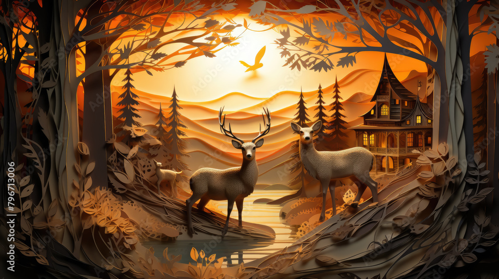 fairy-tale deer with antlers against the background of a forest and a ...