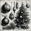Design a timeless and visually captivating artwork that embodies the spirit of Christmas in a vintage engraving style. Craft a hand-drawn sketch in vector illustration that features iconic Christmas e