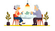 Grandmother and grandfather, Elderly couple sitting at kitchen table and drink tea or coffee together, Elderly women, friends and drink tea with friend together in nursing home, family life