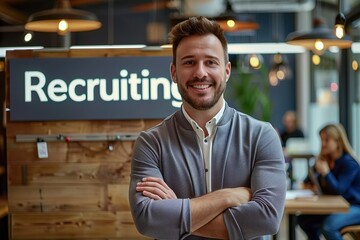 Recruitment concept image with a young man recruitment consultant manager in office next to a sign Recruiting