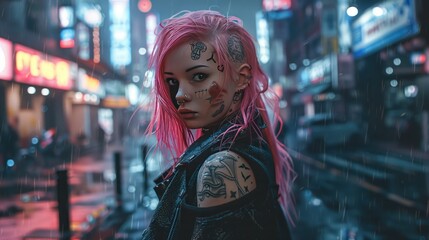 Wall Mural - Portrait of punk woman with tattoos and pink hair on metro street of cyberpunk city AI generated image