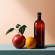 Bodegón de botella de vino rodeada de manzana y naranja. Fotografía de estudio. Fotografía de producto. Generado con IA.