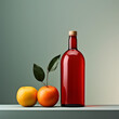 Bodegón de botella de vino rodeada de manzana y naranja. Fotografía de estudio. Fotografía de producto. Generado con IA.