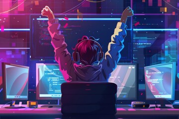 A software developer celebrates coding the final piece of a complex application, the screen showing Compilation Successful, art concept
