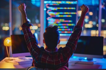 a software developer celebrates coding the final piece of a complex application, the screen showing 