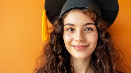 Canvas Print - Cheerful young woman student having graduation, life style, free space for text on orange background in studio.