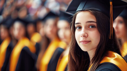 Canvas Print - Cheerful young woman student having graduation, life style, free space for text. Summer day, bokeh background.