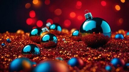 blue and gold new year's balls lie on a glass of finely broken red balls against the background of g