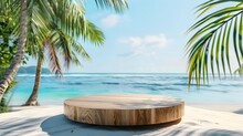 Summer Product Display On Wooden Podium At Sea Tropical Beach. Sandy Beach With Palm Trees And Turquoise Sea Background..