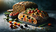 still life with bread such as seed-covered rye loaf, focaccia, olives and cherry tomatoes, sprinkled with coarse sea salt and rosemary 
