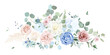Dusty blue rose, white hydrangea, ranunculus, dahlia, camellia, eucalyptus, greenery, juniper vector design bouquet. Wedding seasonal flowers. Floral watercolor composition. Isolated and editable