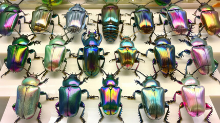 Wall Mural - A grid of various colored iridescent shiny jewel beetle illustrations on a white background.