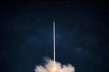 Fototapete - Space rocket launch into the starry sky. Space shuttle with blast and blast lift off into space on a dark background. Successful start, concept