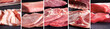 Solomillos y chuletones de buey sobre fondo de piedra o pizarra negra. 
Collage o diseño de diferentes tipos de carne cruda para carnicería o restaurante.