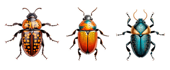Wall Mural - Set of beetles isolated on a white or transparent background. Blue and orange beetles, close-up, top view. Insect theme graphic design element.