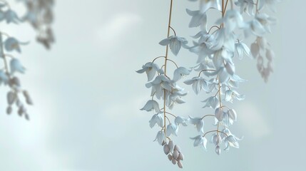 Sticker - A 3D rendering of a pastel bluebell cluster, hanging delicately in a minimalist setting