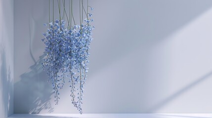 Sticker - A 3D rendering of a pastel bluebell cluster, hanging delicately in a minimalist setting