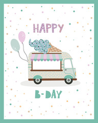 Vector illustration with ice cream truck, children's style. Can be used for printing on fabric, packaging, paper, cards, etc. Summer 2024 pattern.