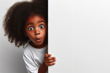 Wall Mural - Surprised black kid girl cautiously peeks around a corner against a white background