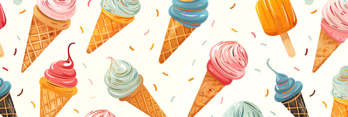 Wall Mural - Pattern with variety of ice cream designs on white background banner. Panoramic web header. Wide screen wallpaper