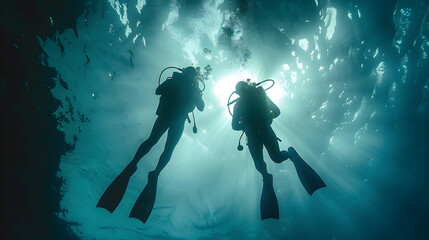 Wall Mural - Scuba divers in silhouette swimming under water in the ocean near the surface backlit by a sun