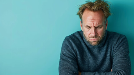 Wall Mural - A man with a beard and a blue sweater is looking down. He is upset or sad