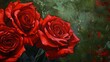 Closeup of vibrant red roses against a bold green backdrop, enhancing the petals deep hues with their complementary color