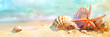 Watercolor illustration of beach scene with starfish, shells, and splashing waves on sandy shore banner. Panoramic web header. Wide screen wallpaper