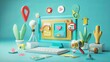 A 3D rendered illustration depicting a vibrant digital workspace, complete with whimsical icons and playful design elements against a pastel backdrop