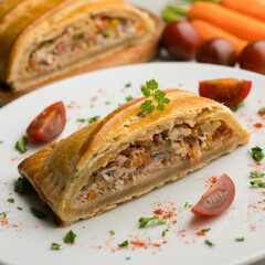 Wall Mural - Traditional Galician empanada filled with vegetables and anchovies. Traditional recipe from the northern part of Spain.