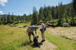 Happy senior couple hiking at mountain with domestic dog during summer vacation - Cows in the background