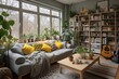b'A cozy living room with a large window, plants, and a guitar'