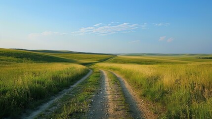 Poster - b'Dirt road through a lush green field'