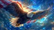 b'A majestic bald eagle soars through a starry night sky'