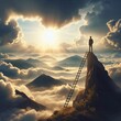 Leadership and success. Ambitious businessman ascending a ladder toward the sky symbolizing his journey to success and career advancement. Concept. Motivation. Unsurpassed. Breakthrough. Generative AI