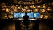 b'Man working on multiple computers in a dark room'