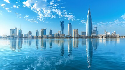 Wall Mural - Manama's skyline with modern skyscrapers and Bahrain World Trade Center, clear day, high-definition, no glare, --ar 16:9 --stylize 250 Job ID: f817c476-63ae-415b-8bd7-07c6387cb844