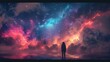 b'girl standing alone in front of beautiful nebula'