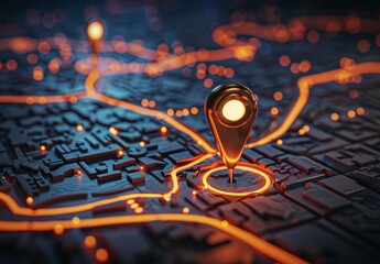 Using AI technology, digitally set two pins on a map to mark new office location and route path, highlighting innovation in GPS and future transport logistics.