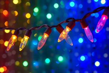 b'Multicolored string lights with a blue background'