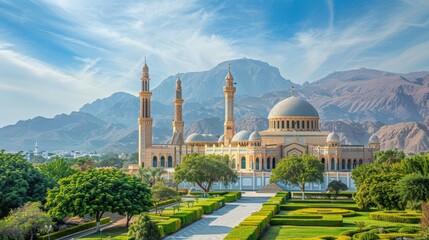 Wall Mural - Muscat's skyline with Sultan Qaboos Grand Mosque and Al Alam Palace, clear sunny day, high-definition, no glare, --ar 16:9 --stylize 250 Job ID: 4e02fba1-cd29-47d2-8dfb-fc1aef6c4835