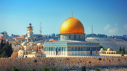 Wall Mural - Jerusalem's skyline with Dome of the Rock and ancient architecture, clear day, high-definition, no glare, --ar 16:9 --stylize 250 Job ID: 0401a1d4-d7ab-4159-b3f7-d0eb330e8e85