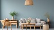 b'A stylish living room with a blue wall, wooden furniture, and a woven pendant light'